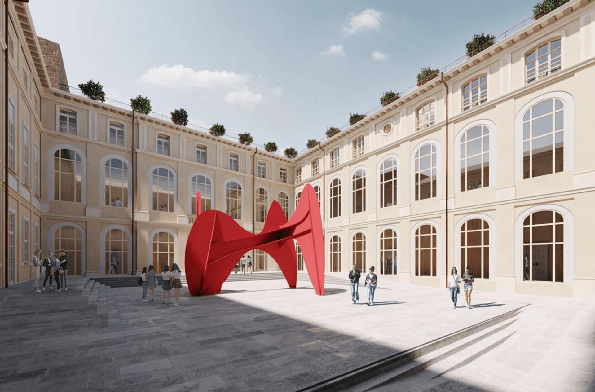 Rendering di un grande cortile interno circondato da un edificio storico con facciate chiare e finestre ad arco, al centro una grande scultura rossa contemporanea e alcune persone che attraversano la piazza.