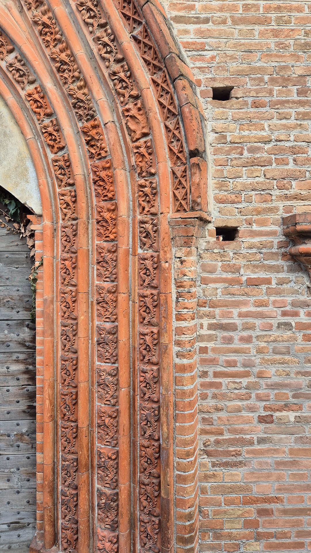 Dettaglio ravvicinato del portale in laterizio decorato appartenente all’edificio di carattere neogotico, in cui è visibile la strombatura dell’arco ogivale composta da più ghiere concentriche realizzate con elementi sagomati in cotto. Le fasce decorative presentano motivi fitomorfi e geometrici ripetuti, modellati a rilievo nei singoli mattoni, che evidenziano una lavorazione artigianale di pregio e una forte intenzionalità ornamentale tipica dell’architettura eclettica di fine Ottocento o primo Novecento. L’arco incornicia un portone ligneo a doppio battente, costituito da tavole verticali rinforzate da chiodature metalliche, inserito all’interno di una luce architettonica profonda, che accentua l’effetto plastico della strombatura. La superficie del cotto mostra variazioni cromatiche tra rosso, arancio e bruno, dovute sia alla cottura del materiale sia ai fenomeni di invecchiamento e deposito superficiale. A destra del portale si sviluppa una muratura in laterizio a corsi regolari, con presenza di piccoli fori quadrangolari passanti, probabilmente utilizzati per ponteggi o per sistemi di ancoraggio durante la costruzione, ancora leggibili nella tessitura originaria. La giunzione tra la parte decorata e la muratura più semplice evidenzia la differenza tra la zona monumentale dell’ingresso e le superfici secondarie dell’edificio. Lo stato di conservazione appare complessivamente discreto, con leggere erosioni dei rilievi in cotto, fessurazioni delle fughe di malta e depositi superficiali, ma con buona leggibilità dei dettagli ornamentali. L’immagine risulta particolarmente significativa per l’analisi del linguaggio decorativo, delle tecniche costruttive in laterizio sagomato e della qualità artigianale del portale, elementi utili per studi storico-architettonici, rilievo di dettaglio e valutazioni di restauro conservativo.