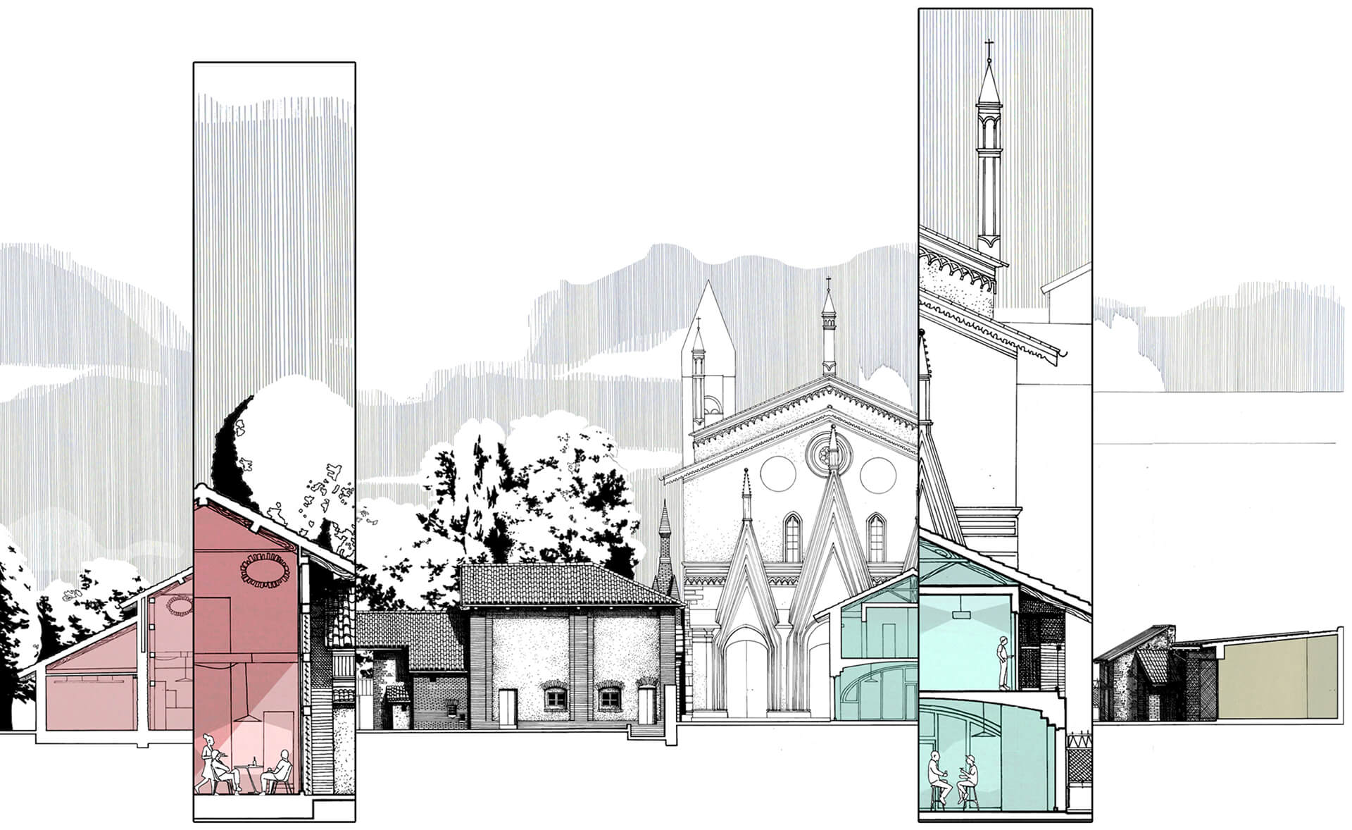 Sezione architettonica longitudinale del complesso storico della cascina con inserimento di nuovi volumi contemporanei, rappresentata mediante disegno tecnico in bianco e nero con campiture cromatiche per distinguere le parti di progetto. La tavola mostra il rapporto tra gli edifici rurali esistenti, la chiesa con facciata in stile neogotico sullo sfondo e i nuovi interventi architettonici inseriti all’interno del tessuto storico. Gli edifici originari sono rappresentati con tratto grafico uniforme e materico, evidenziando le murature portanti, le coperture a falde e la configurazione tipica della cascina, mentre i nuovi volumi sono indicati con campiture traslucide colorate che permettono di leggere chiaramente la distinzione tra stato di fatto e progetto. A sinistra è visibile un nuovo volume verticale a doppia altezza, evidenziato in rosso, che si inserisce all’interno di un edificio esistente mantenendone l’involucro murario. Al centro è rappresentato il corpo principale della cascina con i fabbricati di servizio e il fronte della chiesa, che costituisce il riferimento urbano e storico del complesso. Sulla destra compare un secondo intervento contemporaneo, evidenziato in azzurro, caratterizzato da spazi interni su più livelli con ambienti a doppia altezza e copertura inclinata, inserito all’interno della struttura esistente senza alterarne il profilo esterno. Più a destra è presente un ulteriore volume di progetto indicato con campitura chiara, impostato come ampliamento di un edificio secondario. Il disegno evidenzia il rapporto tra quote interne, altezze degli ambienti, spessori murari e andamento del terreno, consentendo la lettura stratigrafica tra costruito storico e nuovi inserimenti. La presenza di figure umane in scala permette di comprendere la dimensione degli spazi e la destinazione d’uso degli ambienti, mentre lo sfondo con alberature e rilievi collinari contribuisce a contestualizzare il complesso nel paesaggio rurale circostante. L’immagine è finalizzata alla lettura del progetto di riuso e rifunzionalizzazione del complesso della cascina, mettendo in evidenza la strategia di intervento basata sull’inserimento di volumi contemporanei riconoscibili ma compatibili con la struttura storica esistente.