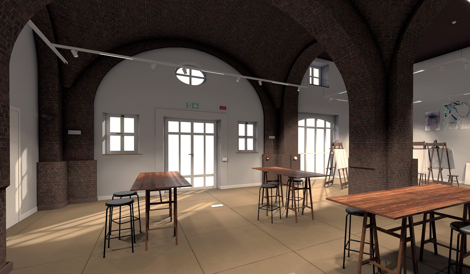 L'immagine mostra un ambiente ampio e luminoso, probabilmente una sala dedicata ad attività artistiche o creative, come un laboratorio di pittura o una galleria d'arte. Ecco una descrizione dettagliata dell'ambiente: Dettagli principali: Struttura e materiali: Il soffitto è caratterizzato da archi in mattoni a vista che conferiscono un aspetto industriale e rustico. I mattoni sono un elemento architettonico distintivo che aggiunge carattere e storia all'ambiente, mentre le pareti sono in generale chiare, con una finitura liscia che contrasta con il soffitto. Illuminazione naturale e artificiale: La luce naturale entra abbondantemente grazie alle finestre a piombo, che permettono alla stanza di rimanere luminosa durante il giorno. La luce artificiale è fornita da faretti a binario, posizionati lungo il soffitto, che permettono di illuminare uniformemente lo spazio. Arredamento: La stanza è arredato in modo sobrio ma funzionale. Sono presenti tavoli alti in legno scuro e sedie alte in metallo, perfetti per attività di gruppo o per creare angoli di lavoro separati. La stanza ha anche delle cavalletti per dipingere, suggerendo che questo spazio sia destinato a creativi o artisti. Atmosfera: L'ambiente ha un'atmosfera rilassata, che favorisce la concentrazione e la creatività. La combinazione di materiali naturali come il legno e il mattone con l'illuminazione moderna crea un bilanciamento tra il vecchio e il nuovo, conferendo un senso di storicità senza rinunciare alla funzionalità. Uso dello spazio: La stanza sembra essere progettata per attività artistiche, con ampio spazio per lavorare, pitturare o fare lavori manuali. I tavoli alti e i cavalletti per dipingere sono un chiaro indicatore di un laboratorio creativo o di una sala d'arte. La disposizione aperta favorisce un ambiente collaborativo, mentre la luce naturale contribuisce a creare un'atmosfera stimolante.