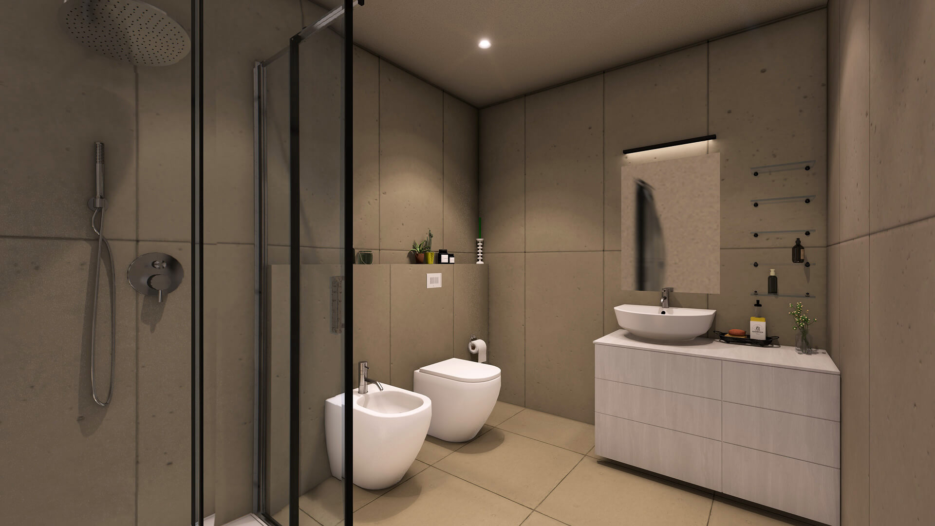 L'immagine mostra un bagno moderno e minimalista, caratterizzato da superfici lisce e tonalità neutre. Ecco i dettagli principali del design: Dettagli principali: Pareti e pavimento: Le pareti sono rifinite con piastrelle di cemento grigio chiaro, che donano all'ambiente un aspetto contemporaneo e industriale. Il pavimento è realizzato con piastrelle grandi e lisce che si abbinano perfettamente alle pareti. Doccia: La zona doccia è separata da una parete in vetro trasparente, dando l'impressione di un ambiente arioso. Il soffione della doccia è rotondo, elegante e minimalista, integrandosi bene nel design complessivo. Arredi: Il lavandino, con un design moderno, è appoggiato su un mobile sottostante in legno chiaro, con un'area di appoggio ordinata per i prodotti da bagno. Accanto al lavandino, sono visibili piccoli oggetti decorativi come piante e profumi. Toilette e bidet: Questi elementi sono in ceramica bianca e posizionati accanto l'uno all'altro, completando l'aspetto pulito e ordinato del bagno. Illuminazione: L'illuminazione è moderna e ben distribuita, con luci soffuse posizionate strategicamente per evidenziare le superfici e creare un'atmosfera rilassante. L'ambiente si caratterizza per il suo stile sobrio e minimalista, con l'uso di materiali moderni e una disposizione funzionale degli elementi. La combinazione di pareti in cemento e arredi eleganti e semplici crea un'atmosfera raffinata e tranquilla, perfetta per un bagno contemporaneo.