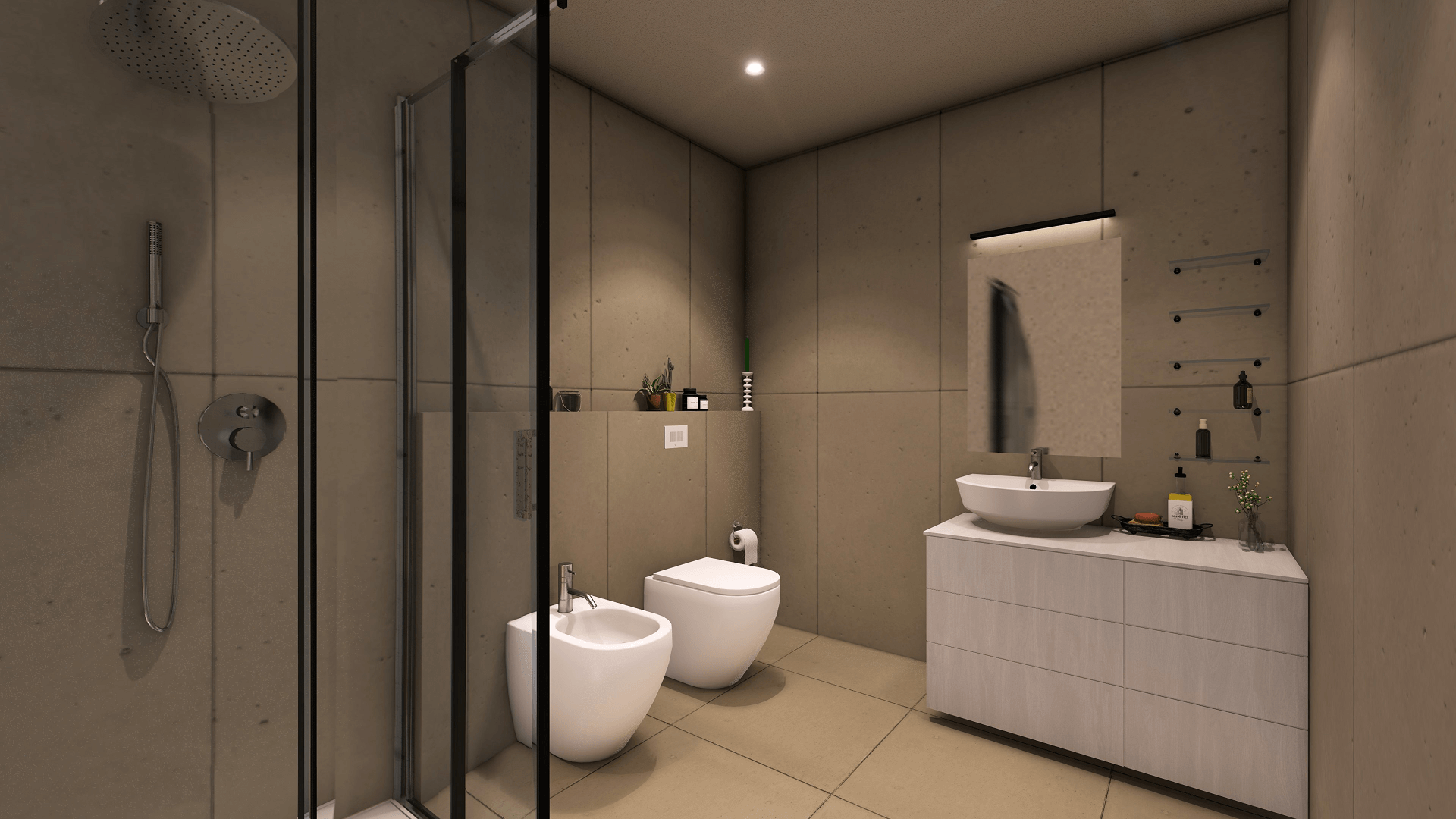 L'immagine mostra un bagno moderno e minimalista, caratterizzato da superfici lisce e tonalità neutre. Ecco i dettagli principali del design: Dettagli principali: Pareti e pavimento: Le pareti sono rifinite con piastrelle di cemento grigio chiaro, che donano all'ambiente un aspetto contemporaneo e industriale. Il pavimento è realizzato con piastrelle grandi e lisce che si abbinano perfettamente alle pareti. Doccia: La zona doccia è separata da una parete in vetro trasparente, dando l'impressione di un ambiente arioso. Il soffione della doccia è rotondo, elegante e minimalista, integrandosi bene nel design complessivo. Arredi: Il lavandino, con un design moderno, è appoggiato su un mobile sottostante in legno chiaro, con un'area di appoggio ordinata per i prodotti da bagno. Accanto al lavandino, sono visibili piccoli oggetti decorativi come piante e profumi. Toilette e bidet: Questi elementi sono in ceramica bianca e posizionati accanto l'uno all'altro, completando l'aspetto pulito e ordinato del bagno. Illuminazione: L'illuminazione è moderna e ben distribuita, con luci soffuse posizionate strategicamente per evidenziare le superfici e creare un'atmosfera rilassante. L'ambiente si caratterizza per il suo stile sobrio e minimalista, con l'uso di materiali moderni e una disposizione funzionale degli elementi. La combinazione di pareti in cemento e arredi eleganti e semplici crea un'atmosfera raffinata e tranquilla, perfetta per un bagno contemporaneo.