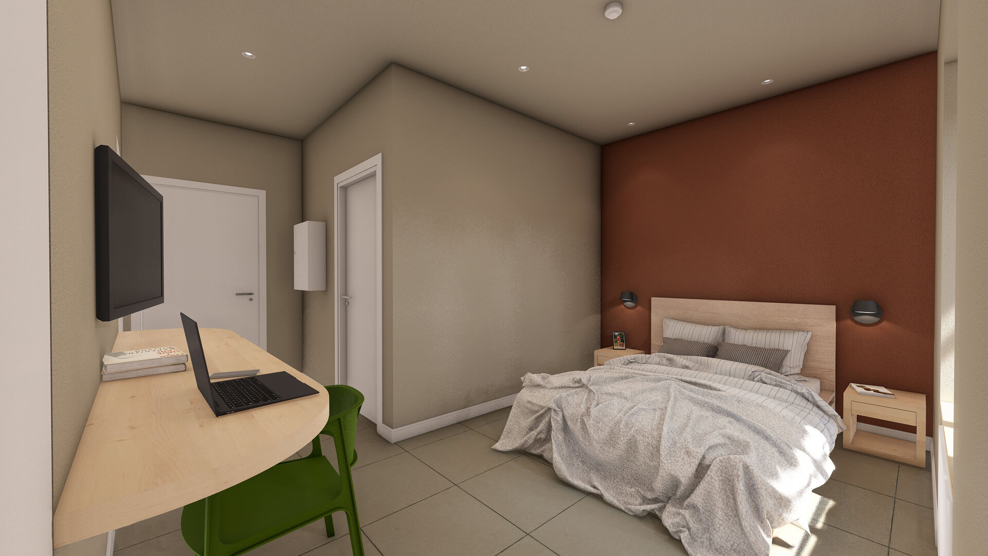 L'immagine mostra un arredamento moderno e funzionale di una camera da letto, con un'atmosfera accogliente e minimalista. Ecco i principali dettagli: Dettagli principali: Pareti e colori: Le pareti sono in tonalità neutre, con un contrasto interessante dato dalla parete di fondo di un caldo colore terracotta che aggiunge personalità all'ambiente. Questo colore accentua la zona del letto e crea un punto focale nella stanza. Letto: Il letto è semplice, con una testata in legno chiaro che si abbina ai mobili circostanti. Le lenzuola sono in tonalità neutre, con striature sottili che conferiscono un aspetto rilassato. Illuminazione: Le luci sospese sopra i comodini sono moderne e minimaliste, creando un'illuminazione funzionale senza appesantire l'ambiente. Scrivania: Una scrivania minimalista in legno chiaro è posizionata in un angolo della stanza, con un laptop e alcuni libri. La sedia verde brillante offre un contrasto interessante e vivace, aggiungendo un tocco di colore all'ambiente. Dettagli e accessori: Accanto al letto, una lampada da tavolo e una foto in cornice decorano la superficie del comodino, aggiungendo personalità e un tocco di comfort alla stanza. Aspetto generale: La stanza è progettata per essere pratica e accogliente, utilizzando linee pulite e colori tenui. L'uso di arredi semplici e funzionali, come la scrivania e il letto, crea un ambiente perfetto per il relax e il lavoro. Il contrasto tra la parete terracotta e gli altri elementi più chiari rende la stanza interessante ma non troppo invadente.