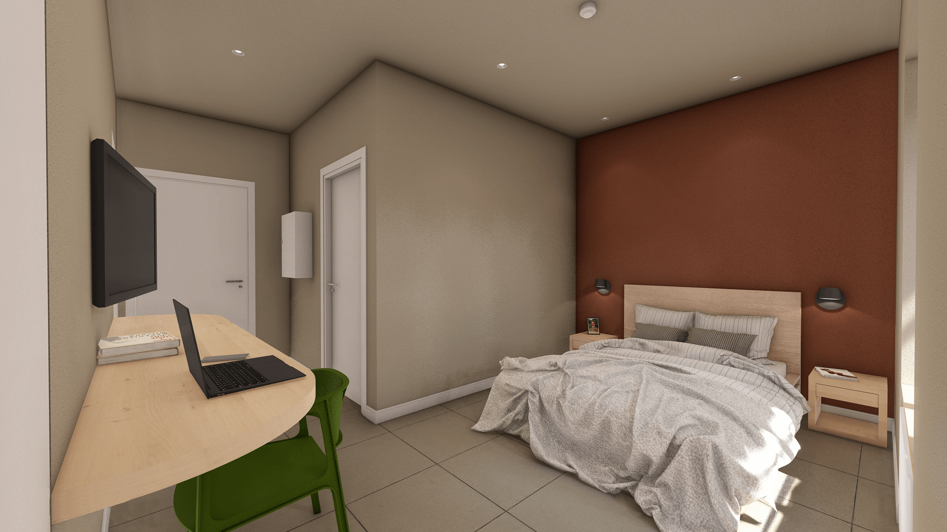 L'immagine mostra un arredamento moderno e funzionale di una camera da letto, con un'atmosfera accogliente e minimalista. Ecco i principali dettagli: Dettagli principali: Pareti e colori: Le pareti sono in tonalità neutre, con un contrasto interessante dato dalla parete di fondo di un caldo colore terracotta che aggiunge personalità all'ambiente. Questo colore accentua la zona del letto e crea un punto focale nella stanza. Letto: Il letto è semplice, con una testata in legno chiaro che si abbina ai mobili circostanti. Le lenzuola sono in tonalità neutre, con striature sottili che conferiscono un aspetto rilassato. Illuminazione: Le luci sospese sopra i comodini sono moderne e minimaliste, creando un'illuminazione funzionale senza appesantire l'ambiente. Scrivania: Una scrivania minimalista in legno chiaro è posizionata in un angolo della stanza, con un laptop e alcuni libri. La sedia verde brillante offre un contrasto interessante e vivace, aggiungendo un tocco di colore all'ambiente. Dettagli e accessori: Accanto al letto, una lampada da tavolo e una foto in cornice decorano la superficie del comodino, aggiungendo personalità e un tocco di comfort alla stanza. Aspetto generale: La stanza è progettata per essere pratica e accogliente, utilizzando linee pulite e colori tenui. L'uso di arredi semplici e funzionali, come la scrivania e il letto, crea un ambiente perfetto per il relax e il lavoro. Il contrasto tra la parete terracotta e gli altri elementi più chiari rende la stanza interessante ma non troppo invadente.