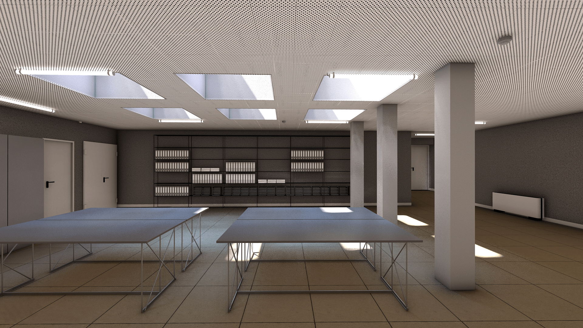 L'immagine mostra un ambiente di lavoro moderno e funzionale, probabilmente un ufficio o una sala di archiviazione. Ecco una descrizione dei dettagli: Dettagli principali: Luce naturale: I lucernari sul soffitto permettono una buona quantità di luce naturale, che illumina la stanza e crea un'atmosfera più ariosa e confortevole. Mobili: I tavoli sono realizzati con una struttura metallica semplice e moderna, con un design minimale e funzionale. Sono perfetti per un ambiente dove è necessario spazio per lavorare o archiviare documenti. Pareti e colori: Le pareti sono di un colore grigio chiaro, con un accento di contrasto dato dalla libreria a scaffali metallici che ospita file e documenti. L'ambiente ha un aspetto pulito e ordinato, con una sensazione di ordine e precisione. Archiviazione e scaffali: Sul lato sinistro della stanza, una serie di scaffali metallici allineati ordinatamente offrono un ampio spazio di archiviazione. Questo suggerisce che la stanza potrebbe essere utilizzata per archiviare documenti o materiale di lavoro. Arredi essenziali: Non ci sono decorazioni o arredi superflui, il che contribuisce a mantenere l'ambiente ordinato e funzionale. Le porte sono semplici, senza decorazioni evidenti, mantenendo il focus sull'utilizzo pratico dello spazio. Aspetto generale: L'ambiente ha un design minimalista, con linee semplici e arredi funzionali. L'illuminazione naturale e l'uso di materiali come il metallo e il legno chiaro contribuiscono a creare un'atmosfera luminosa, accogliente e professionale. Questo tipo di spazio sarebbe ideale per attività che richiedono ordine e concentrazione.